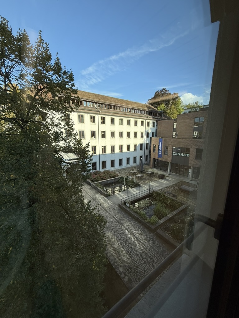 Blick aus einem Atelierfenster auf einen Innenhof mit Alten und modernen Gebäuden, umgeben von Bäumen und klarem Himmel.
